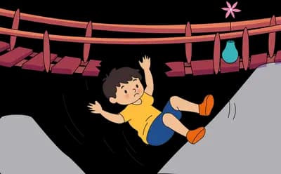 Boy slipping off a broken rope bridge between two cliffs