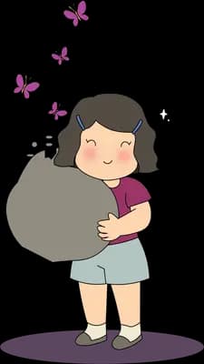 Child hugging a large grey sack while butterflies rise from it