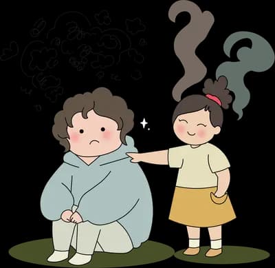 Girl resting a hand on a seated boy's shoulder as dark scribbles above turn pale