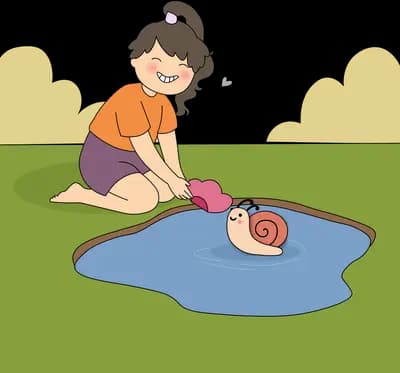 Woman kneeling at the edge of a pond reaching for a child in the water
