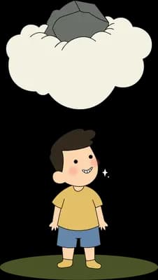 Small boy on grass looking up at a cloud carrying a dark hat shape