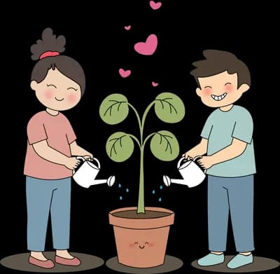 Couple watering a potted plant together with hearts rising above it