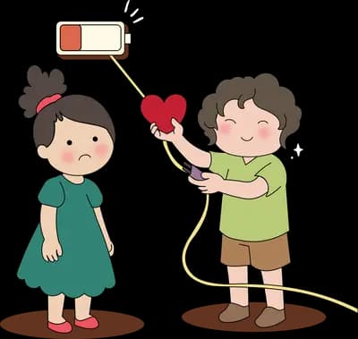 Boy offering a red heart on a stick to a sad girl beneath a battery icon