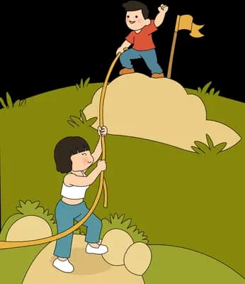 Boy at a hilltop flag pulling a girl up the slope with a rope