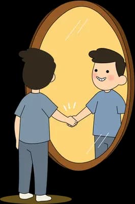 Man shaking hands with his own smiling reflection in an oval mirror