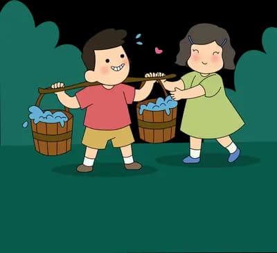 Two children carrying wooden buckets slung on a pole between them