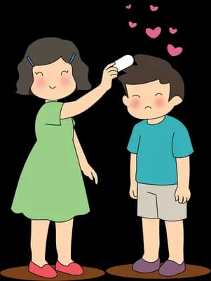 Girl comforting a sad boy as dark scribbles above them turn into hearts