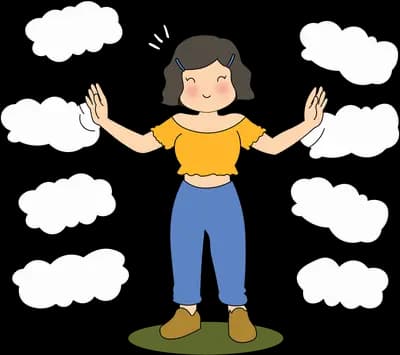 Child snipping outline clouds with scissors while surrounded by them