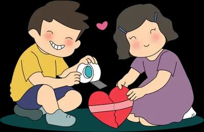 Boy and girl kneeling together to bandage a large red heart