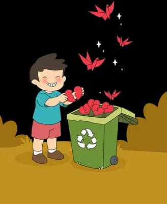Boy dropping red items into a green recycling bin