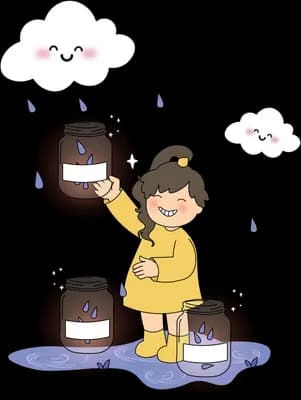 Girl in a yellow raincoat lifting a barrel lid to catch rain from little clouds