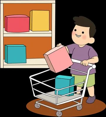 Boy loading boxes from a shelf into a shopping trolley