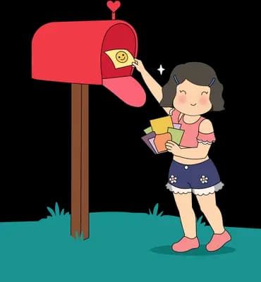 Girl posting a letter into a red mailbox with a heart above it