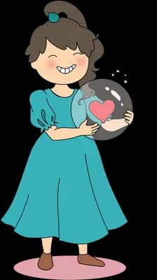 Girl in a white dress holding a glass bowl with a red heart inside