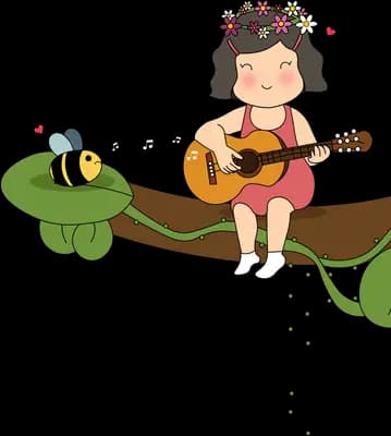 Girl with a flower crown playing guitar seated on a giant green leaf