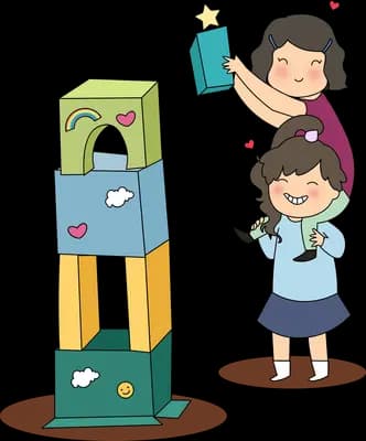 Children stacking tall gift boxes into a tower