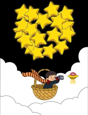 Girl riding a hot air balloon made of yellow stars above the clouds