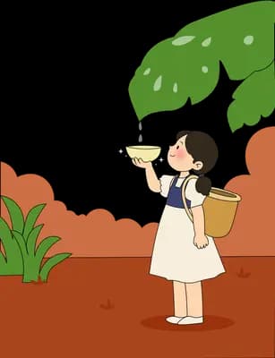 Girl standing under a huge green leaf holding a bucket