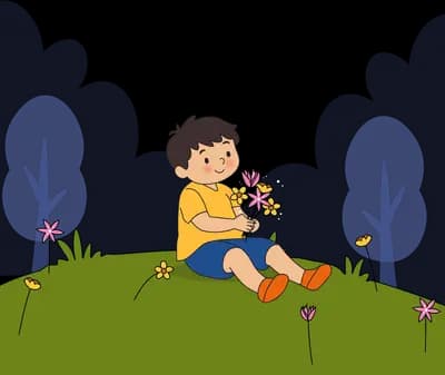 Boy sitting on a grassy slope with flowers among park trees