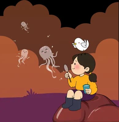 Two children sitting on a dark hill under a purple tree with pale ghosts