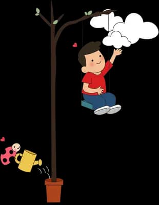 Boy swinging on a rope swing hung from a bare tree with a watering can below