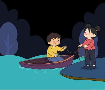 Boy paddling a small sailboat while a figure stands on the teal shore