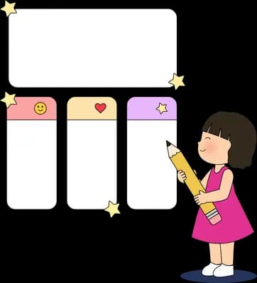 Girl holding an oversized pencil beside a blank three column chart board