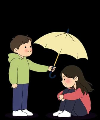 Boy holding a yellow umbrella over a girl crouching in the rain
