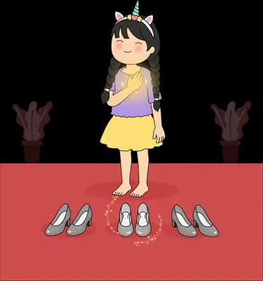 Girl standing barefoot on a red mat before rows of grey shoes