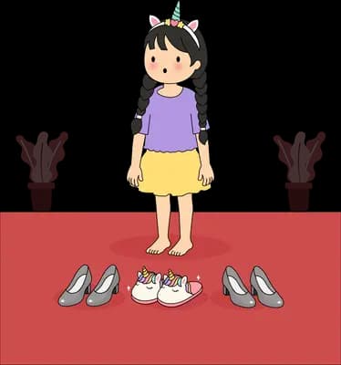 Girl on a red mat looking down at pairs of shoes laid out around her