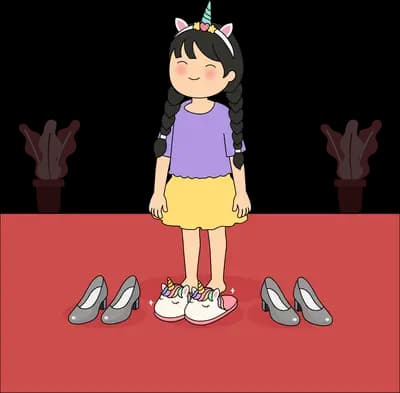 Girl standing on a red mat surrounded by pairs of shoes