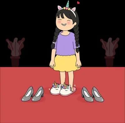 Girl standing among pairs of shoes on a red mat with pink plants behind