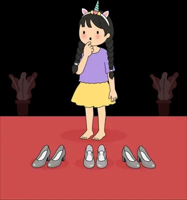 Girl stepping carefully between pairs of shoes on a red mat