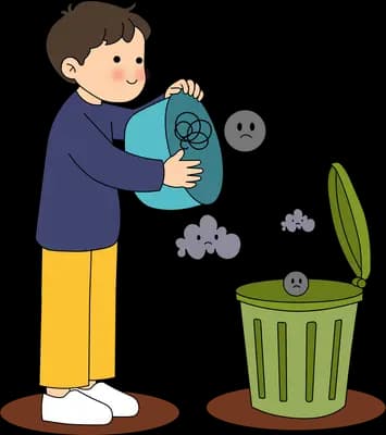 Boy emptying dark scribbles from a bin into an open green trash can