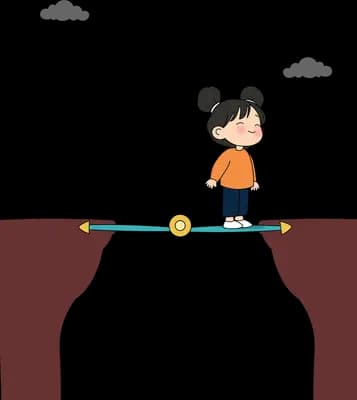 Child stepping onto a tightrope stretched between two cliffs