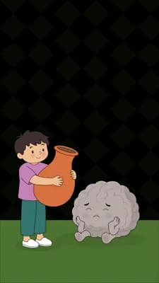 Boy with a backpack pushing a large grey boulder across grass