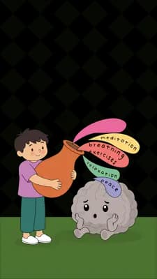Boy shoving a grey boulder topped with pink blobs over grass