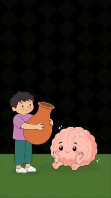 Boy dragging an orange sack past a pink pig on the grass