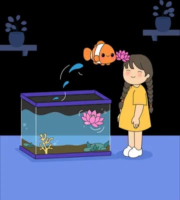 Girl watching a clownfish leap out of an open fish tank