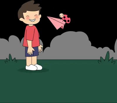 Boy watching pink paper planes carrying ladybugs past him
