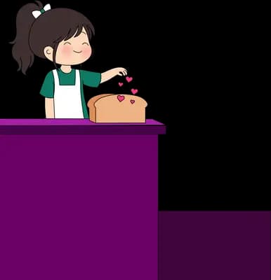 Girl behind a purple counter with a basket of bread and floating hearts