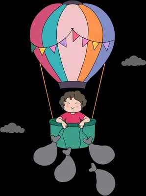 Girl leaning from a hot air balloon basket over a bank of clouds