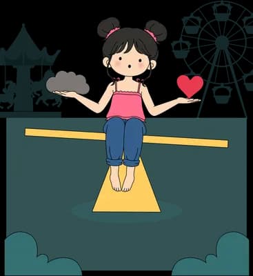 Girl balancing on a seesaw plank cradling a red heart