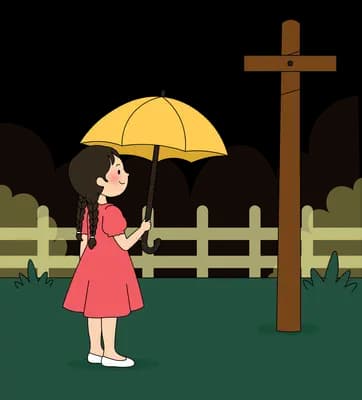 Girl standing calmly with a yellow umbrella by a utility pole