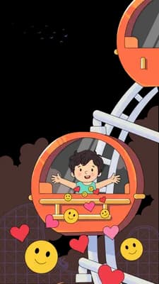 Boy in an orange play structure with hearts and smiley faces around him