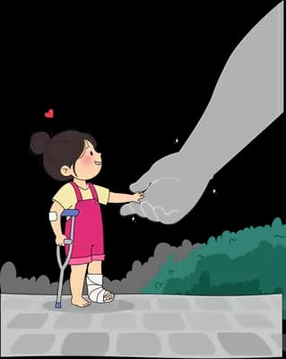 Girl on crutches pointing toward a green bush beside the path