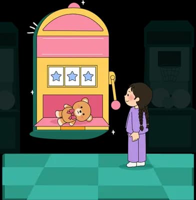 Girl looking at a teddy bear sitting behind the glass of a pink arcade machine