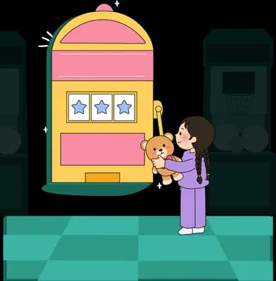 Girl hugging the teddy bear she won in front of the arcade machine