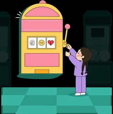 Girl pulling the lever of a pink slot machine showing star smiley and heart symbols