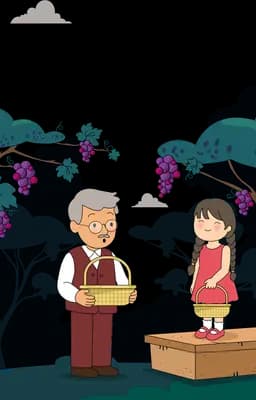 Grandfather carrying a basket while a girl in a red dress stands on a crate under a grape vine